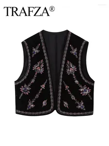 Women's Vests TRAFZA Fashion Woman Vintage Y2K Sequin Embroidered Waistcoat Vest Tops 2024 Autumn Sleeveless O-Neck Causal