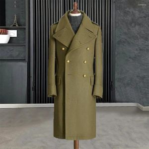 Men's Suits Classic Suit Jackets Fit Slim Arm Green Woolen Blend Trench Coat Long Double Breasted Gold Buttosn Blazer Business Sets