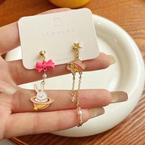 Dangle Earrings Self-designed S925 Needle Cartoon Cute Little Bunny Magic Hat Asymmetrical Pink Rabbit Long Tassel For Women