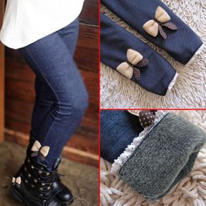 Hosen Herbst Winter Mädchen Jean Hosen Warme Kinder Leggings Verdicken Samt Bowknot Kinder Baby Mädchen 2-9T