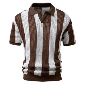 Men's T Shirts Cotton Hollow Out Polo Short Sleeve Knitted V-neck See Through Sexy For Men