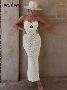Casual Dresses Hawthaw Women 2024 Summer Party Club Knitted Bodycon Streetwear Beach Vacation White Long Dress Wholesale Item For Business