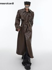 Mauroicardi Autumn Long Overdized Black Brown Faux Leather Trench Coat Men Belt Double Breasted Luxury Designer kläder 240126