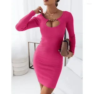 Casual Dresses Hollow Out Long Sleeve Elegant Women Dress Fashion O-Neck Solid Color Beautiful Slim Fit vår 2024 Party Vestidos