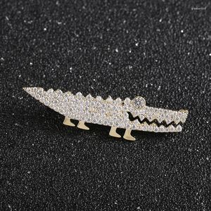 Brooches Cartoon Crocodile Copper Lapel Pins Glossy Full Zircon Alligator Brass For Backpack Dress Coat Decoration