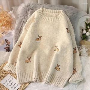 Women's Sweaters QNPQYX Kawaii Sweater Ulzzang Vintage College Deer Embroidery Jumpers Female Korean Thick Cute Loose Harajuku Pullovers