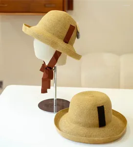 Geniş Memul Şapkalar 202401-Xuxu Ins Chic Summer Yumuşak Doğal Bitki Elyaf Çim Uzun Şerit Eğlence Güneşlik Tatil Lady Cap Kadın Güneş Şapkası