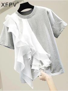 Women's T Shirts XFPV Women Design Ruffles Patchwork Loose Top Y2K T-shirt Rund hals Kort ärm Sweet Korea Tide Summer 2024 SM2771