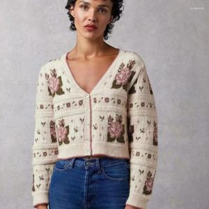 Women's Knits 2024 Autumn And Winter Women Wool Blended Rose Floral Jacquard Contrast Color V-neck Knitted Cardigan Jacket