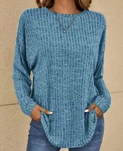 Fashion Woman Blue 2023 Spring Sticked Round Neck Pit Strip Casual Solid Color Long Sleeve Daily Loose Tshirt Y2K TOPS 240130