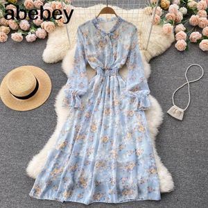 Casual Dresses French Sweet Floral Dress Female Elastic Ruched A-Line Chiffon Bohemian Print Vacation Long Autumn