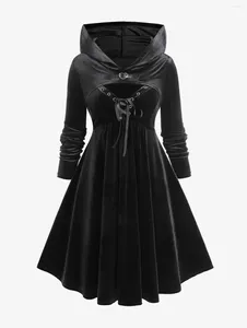 Sıradan Elbiseler Rusegal Plus Boyut Dikiş Gromları Kadife Cami Elbise ve Kapşonlu Kırpılmış Üst Kadın Kış Vestidos Siyah Çökel