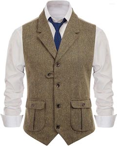 Men's Vests Men Vest Casual Suit Notch Lapel With Two Pockets Herringbone Waistcoat For Wedding Groomsmen