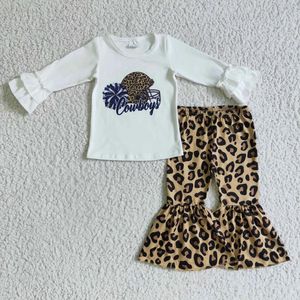 Zestawy odzieży Baby Girl Toddler Ball Game Ruffle White Long Rleeves Football Leopard Bell Bottoms Spodnie strój hurtowy zestaw jesienny