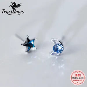 Brincos TrustDavis 925 Sterling Silver Mulheres Jóias Moda Bonito Minúsculo Azul Assimétrico Lua Estrela Para Filha Meninas DS237