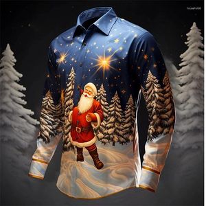 Camisas casuais masculinas 2024 3D Impresso Papai Noel Árvore de Natal Camisa Manga Longa Tecido Stretch de Quatro Vias Tamanho Grande Top