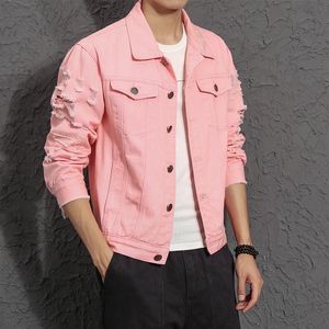 M- 5XL Fashion Märke denimjacka män rippade hål Mens rosa svarta jeanjackor plagg tvättade män denimrock 240124