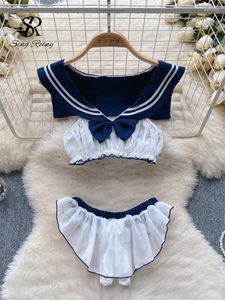 Sukienki robocze Singreiny 2024 Preppy Style Słodka seksowna strój Sailor Collar Bez rękaw