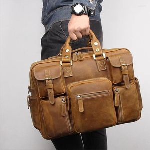 Aktentaschen Große Große Vintage Braun Top Grain Echtes Crazy Horse Leder Männer Aktentasche Portfolio Geschäftsreise Reise Messenger Tasche M7028