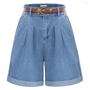 Damen-Shorts, Belle Poque, Damen-Jeans, Vintage-Jeans, elastische Taille, hochklappbare Beinöffnung, solide, breite Bermuda mit Taschen, Gürtel