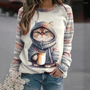 Magliette da donna T-shirt a maniche lunghe in cotone per donna Divertenti gatti Kawaii Animali Stampa Felpe Donna Carino O-Collo Pullover Donna