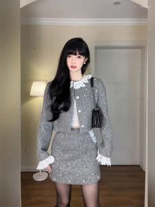 Two Piece Dress UNXX Plus Size High-end Woolen Long-sleeved Small-collar Jacket And High-waisted A-line Skirt Set For Women In Autumn Winter