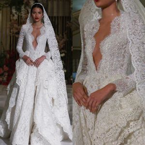 Gracioso vestidos de noiva apliques rendas sereia vestido de casamento profundo decote em v plissado trem feito sob encomenda vestidos de noiva novia