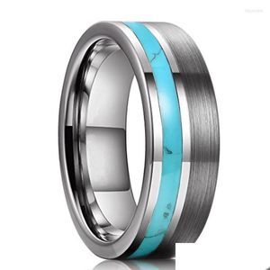 Wedding Rings Fashion 8Mm Men Blue Turquoise Stone Inlaid Tungsten Ring With Brushed Center Steel Band Jewelry Giftwedding Toby22 Dr Dhltm