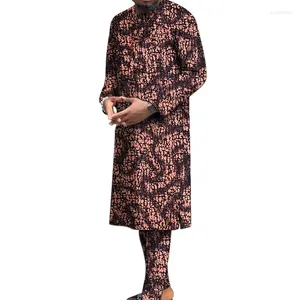 メンズトラックスーツカジュアルアフリカのプリントセット長いトップスズボンのテーラード男性ナイジェリアのファッションパーティーの衣装