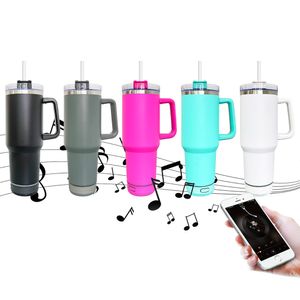 USA warehouse 40oz matte powder coated wireless smart player music cup USB Charging speaker quencher tumbler with Handle 20pcs/case in stock for laser engrave