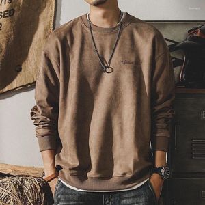 Men's Hoodies American Fleece Thickened Vintage Suede T-shirt Autumn Winter Trendy Loose Round Neck Patchwork Print Letter Top