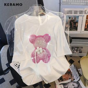 女性用Tシャツ2024ファッションカジュアル3D装飾花柄のプリント半袖ルーズフィットTシャツ夏ヴィンテージスウィートティートップ