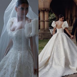 Elegant A Line Women Wedding Dress Puff Sleeves Backless Bridal Gowns Sequins Appliques Sweep Train Dress Custom Made vestidos de novia