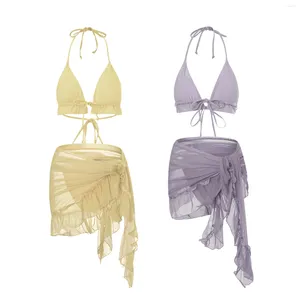 Conjunto de biquinis de três peças de roupa de banho feminina 2024 cor sólida halter bandagem sutiã tanga maiô com malha cobrir ups sarong
