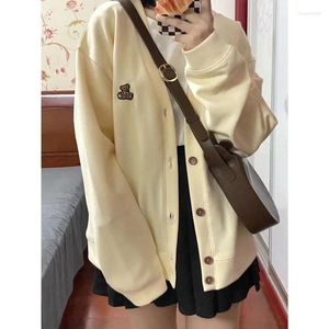 Kvinnors hoodies preppy stil aprikos cardigan kvinnor harajuku kawaii överdimensionerade lösa tröjor broderier toppar japan söt