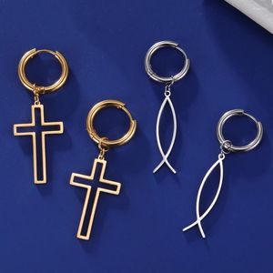 Висячие серьги Dawapara Cross Charm Ихтис Иисус Рыба Христианский символ Обруч Нержавеющая сталь Католический амулет