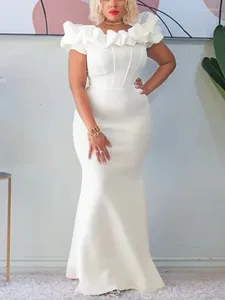 Festklänningar Eleganta kvinnor Lång kväll Ruched Off Shoulder Slim Bodycon Mermiad White Dress Formal Wedding Guest Gown