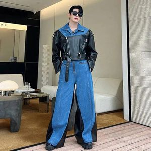 Men's Tracksuits Fashion Set Niche Design Two-piece Patchwork Suit Denim Leather Spliced Short Jacket Straigt Pants 2024