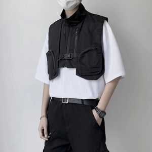 Punk Hip Hop Tactical Techwear Cargo Vest Cropped Waistcoat Mens Street Casual Outerwear Sleeveless Jacket 240202