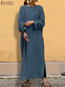 Sıradan Elbiseler Zanzea Bahar Katı Maxi Kadınlar Vintage Sundress Uzun Kollu Vestidos Kadın O Boyun Bölünmüş Robi Büyük Boy Kaftan