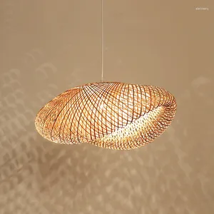 Pendelleuchten im Zen-Boho-Stil, natürliches Rattan-Bambus-Licht für Schlafzimmer, Wohnzimmer, Esszimmer, Handweberei, Heimdekoration, LED-Hängelampe