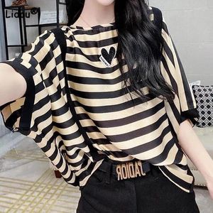 Women's T Shirts Korean Trend Lady Striped Printed T-shirt 2024 Fashion Loose Round Neck Pullovers Casual Spliced Tops Summer Clothing