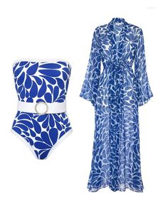 Roupa de banho feminina 2024 moda impressa um pedaço maiô e cobrir azul escuro quimono cinto biquíni luxo maiô beachwear