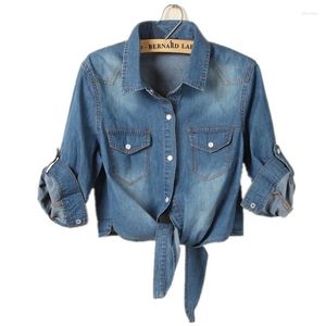 Women's Blouses Half Sleeve Shawl Denim Shirt Female Summer Short Blue Blouse Shirts Feminine Casual Style Jeans Tops