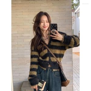 Women's Knits Contrast Color Striped Cardigans Y2K V-Neck Long Sleeve Short Length Sueter Mujer Korean Autumn Knitted Chic Tops Sweater