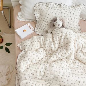 INS Princess Ruffle Edge Gauze 100% Cotton Pillow Case Breathable Duvet Cover Without Filler 3PCS Floral Home Bedding Set 240202