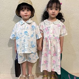 衣類セットミランセル2024夏の子供服セット花柄のTシャツとショーツボーイズスーツレースカラーガールズドレス兄弟姉妹