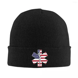 Berets EMS Paramédico Estrela da Vida Bandeira Americana Chapéu de Malha para Mulheres Homens Gorros Outono Inverno Chapéus Hip Hop Cap