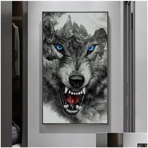 Pinturas Angry Wolf Preto Branco Pôsteres e Impressões Animais Abstratos Pintura de Lona na Arte da Parede para Sala de estar Home de Dhppg