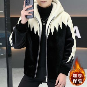 Designer Winter Golden Mink Fleece Jacket Mens Black and White Color Matching Fur Integrated Hood Thickened Warm Youth Clothing 1692